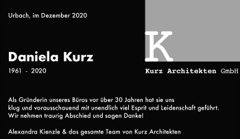 Traueranzeige von Daniela Kurz von Waiblinger Kreiszeitung