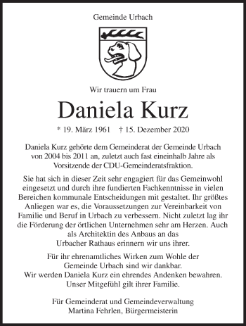 Traueranzeige von Daniela Kurz von Waiblinger Kreiszeitung
