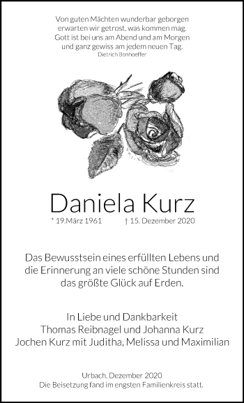 Traueranzeige von Daniela Kurz von Waiblinger Kreiszeitung