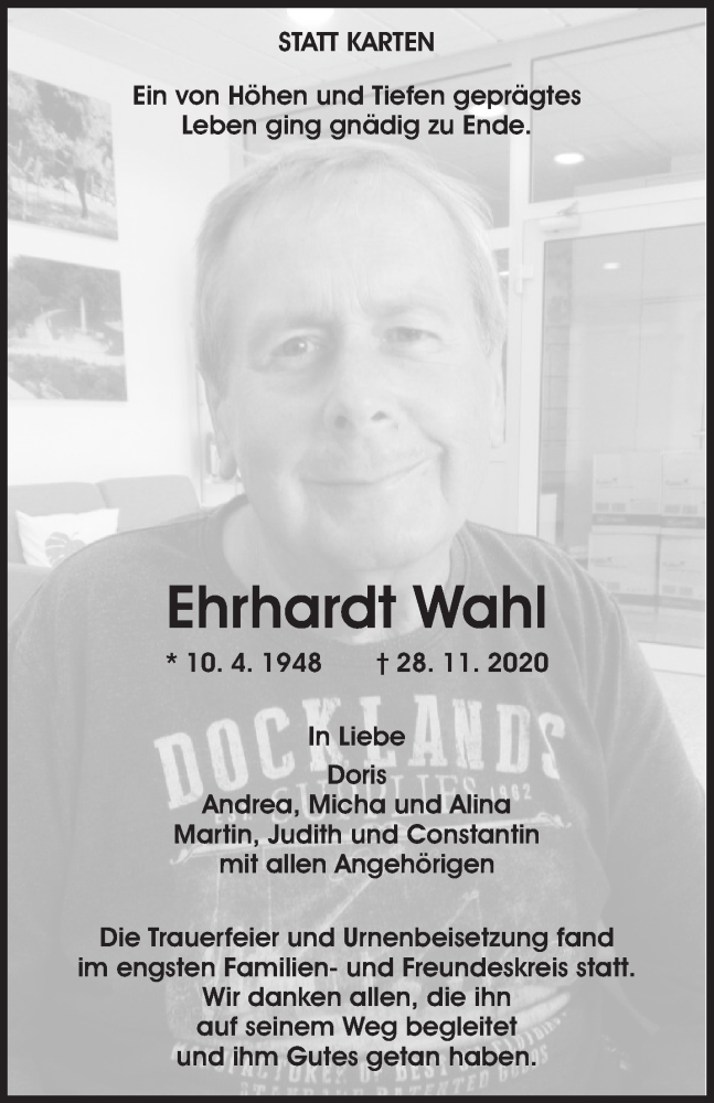  Traueranzeige für Ehrhardt Wahl vom 16.12.2020 aus Waiblinger Kreiszeitung