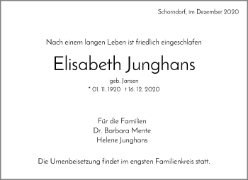 Traueranzeige von Elisabeth Junghans von Waiblinger Kreiszeitung