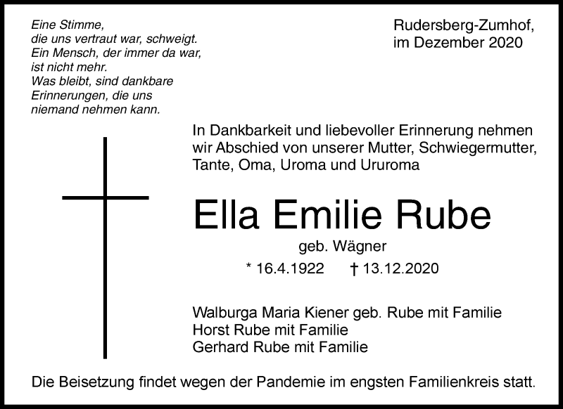  Traueranzeige für Ella Emilie Rube vom 21.12.2020 aus Waiblinger Kreiszeitung