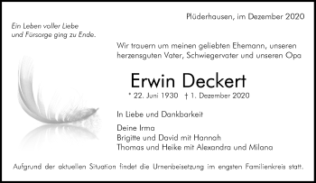 Traueranzeige von Erwin Deckert von Waiblinger Kreiszeitung