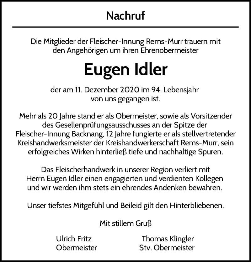  Traueranzeige für Eugen Idler vom 17.12.2020 aus Waiblinger Kreiszeitung