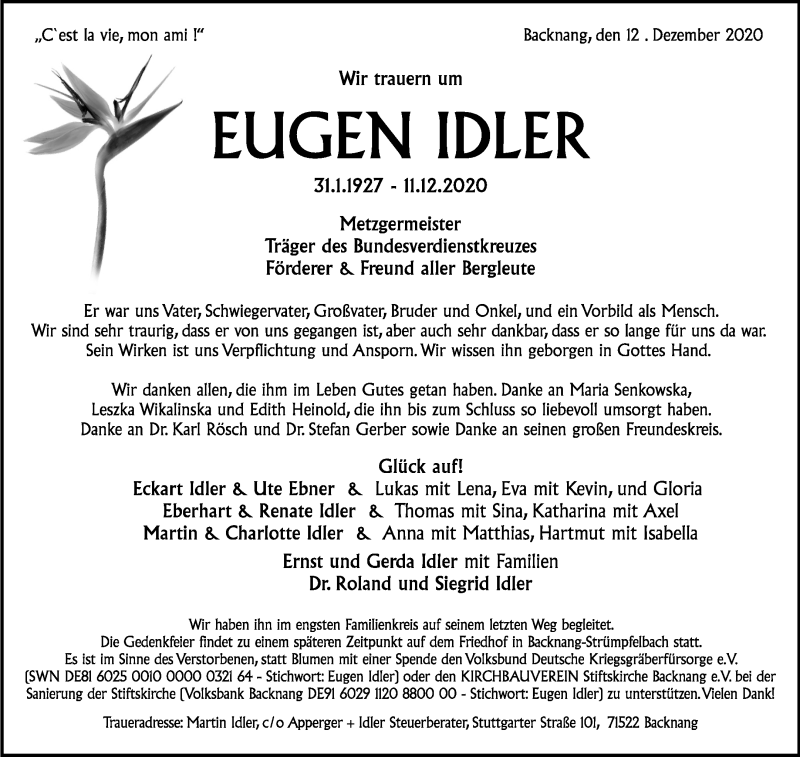  Traueranzeige für Eugen Idler vom 17.12.2020 aus Waiblinger Kreiszeitung