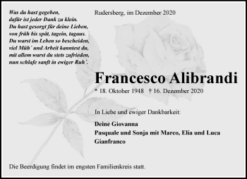Traueranzeige von Francesco Alibrandi von Waiblinger Kreiszeitung