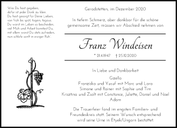 Traueranzeige von Franz Windeisen von Waiblinger Kreiszeitung