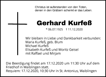 Traueranzeige von Gerhard Kurfeß von Waiblinger Kreiszeitung