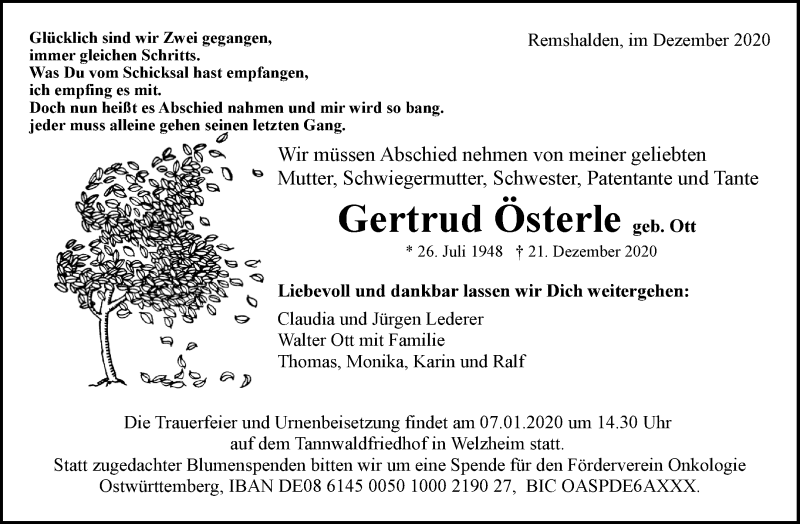  Traueranzeige für Gertrud Österle vom 30.12.2020 aus Waiblinger Kreiszeitung
