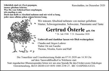 Traueranzeige von Gertrud Österle von Waiblinger Kreiszeitung