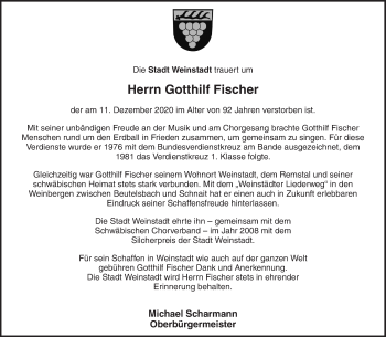Traueranzeige von Gotthilf Fischer von Waiblinger Kreiszeitung