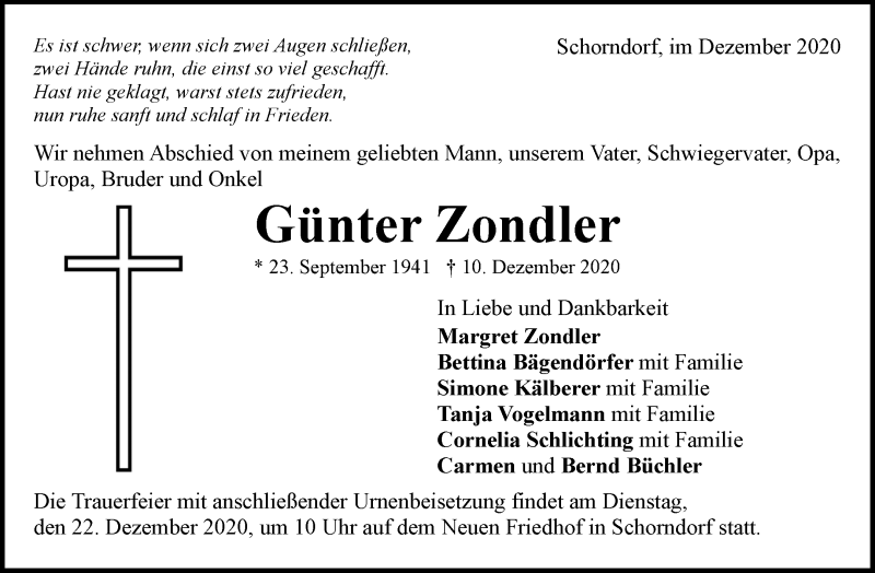  Traueranzeige für Günter Zondler vom 17.12.2020 aus Waiblinger Kreiszeitung