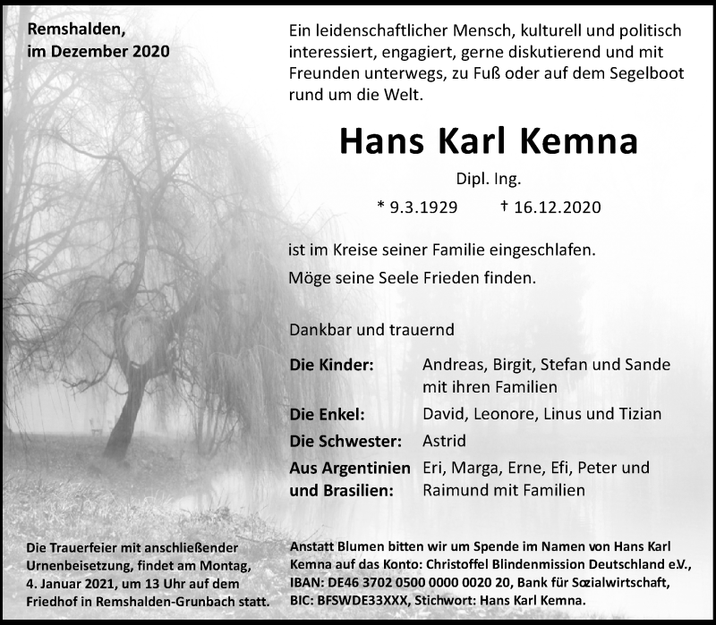 Traueranzeige für Hans Karl Kemna vom 30.12.2020 aus Waiblinger Kreiszeitung