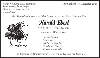 Traueranzeige von Harald Eberl von Waiblinger Kreiszeitung