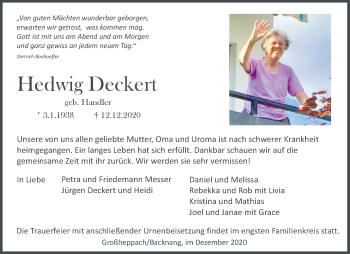 Traueranzeige von Hedwig Deckert von Waiblinger Kreiszeitung