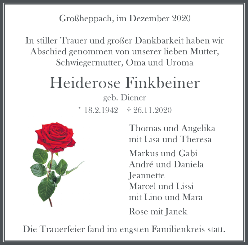  Traueranzeige für Heiderose Finkbeiner vom 03.12.2020 aus Waiblinger Kreiszeitung