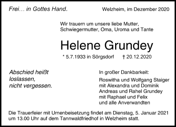 Traueranzeige von Helene Grundey von Waiblinger Kreiszeitung