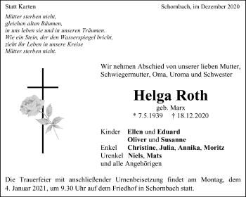 Traueranzeige von Helga Roth von Waiblinger Kreiszeitung