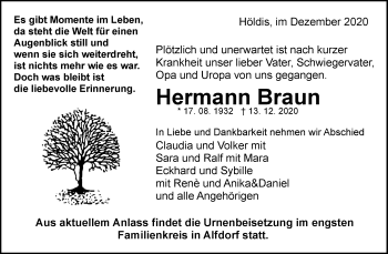 Traueranzeige von Hermann Braun von Waiblinger Kreiszeitung