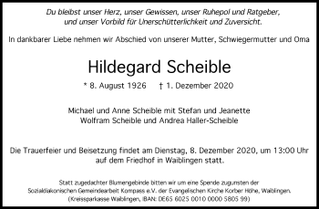 Traueranzeige von Hildegard Scheible von Waiblinger Kreiszeitung