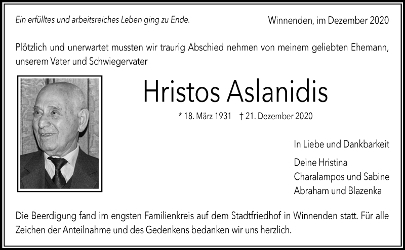  Traueranzeige für Hristos Aslanidis vom 31.12.2020 aus Waiblinger Kreiszeitung