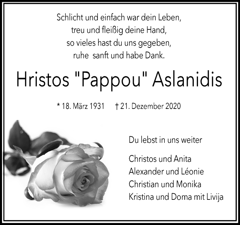  Traueranzeige für Hristos Aslanidis vom 31.12.2020 aus Waiblinger Kreiszeitung