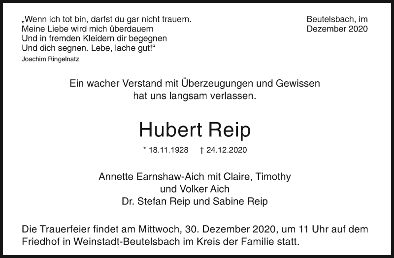  Traueranzeige für Hubert Reip vom 29.12.2020 aus Waiblinger Kreiszeitung