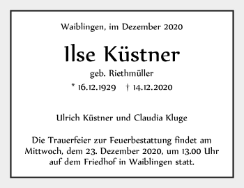 Traueranzeige von Ilse Küstner von Waiblinger Kreiszeitung