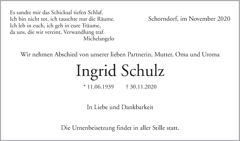  Traueranzeige für Ingrid Schulz vom 09.12.2020 aus Waiblinger Kreiszeitung