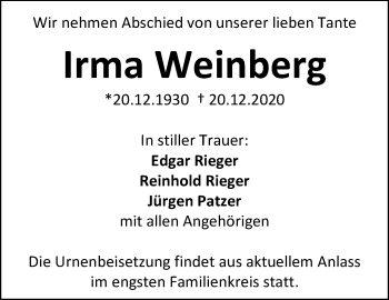 Traueranzeige von Irma Weinberg von Waiblinger Kreiszeitung