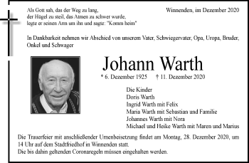 Traueranzeige von Johann Warth von Waiblinger Kreiszeitung