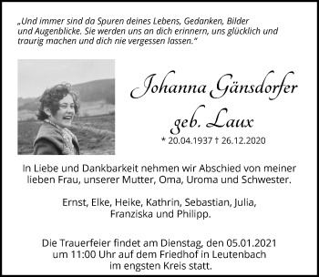 Traueranzeige von Johanna  Gänsdorfer von Waiblinger Kreiszeitung