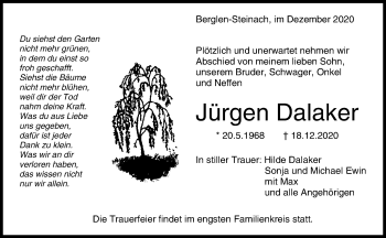 Traueranzeige von Jürgen Dalaker von Waiblinger Kreiszeitung