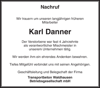 Traueranzeige von Karl Danner von Waiblinger Kreiszeitung