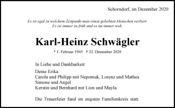 Traueranzeige von Karl-Heinz Schwägler von Waiblinger Kreiszeitung