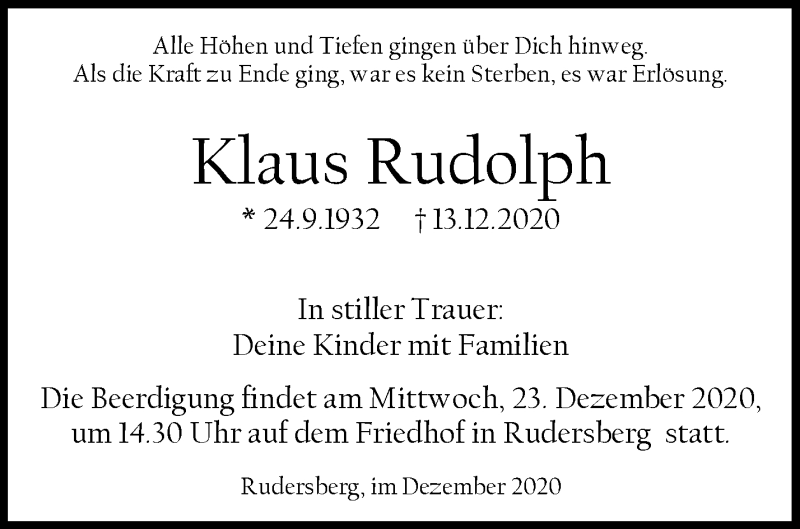  Traueranzeige für Klaus Rudolph vom 19.12.2020 aus Waiblinger Kreiszeitung