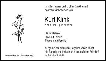 Traueranzeige von Kurt Klink von Waiblinger Kreiszeitung