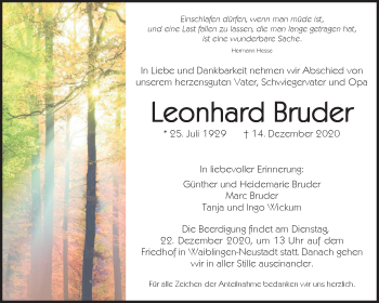 Traueranzeige von Leonhard Bruder von Waiblinger Kreiszeitung