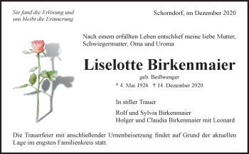 Traueranzeige von Liselotte Birkenmaier von Waiblinger Kreiszeitung