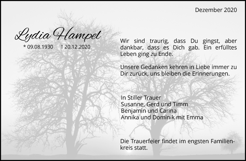  Traueranzeige für Lydia Hampel vom 23.12.2020 aus Waiblinger Kreiszeitung