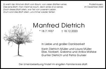 Traueranzeige von Manfred Dietrich von Waiblinger Kreiszeitung