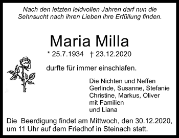 Traueranzeige von Maria Milla von Waiblinger Kreiszeitung