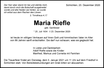 Traueranzeige von Maria Riefle von Waiblinger Kreiszeitung
