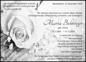Traueranzeige von Marta Behringer von Waiblinger Kreiszeitung