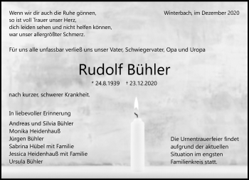 Traueranzeige von Rudolf Bühler von Waiblinger Kreiszeitung