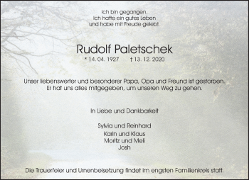 Traueranzeige von Rudolf Paletschek von Waiblinger Kreiszeitung