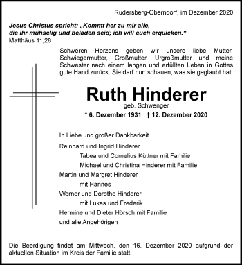 Traueranzeige von Ruth Hinderer von Waiblinger Kreiszeitung