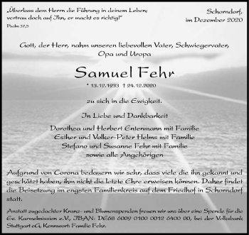 Traueranzeige von Samuel Fehr von Waiblinger Kreiszeitung