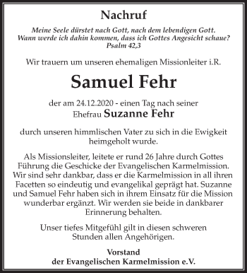 Traueranzeige von Samuel Fehr von Waiblinger Kreiszeitung