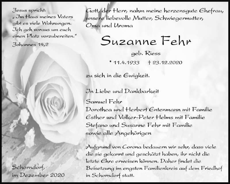  Traueranzeige für Suzanne Fehr vom 24.12.2020 aus Waiblinger Kreiszeitung